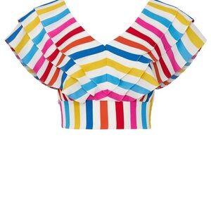 Red and Blue Ruffled Crop Blouse with Bib Collar